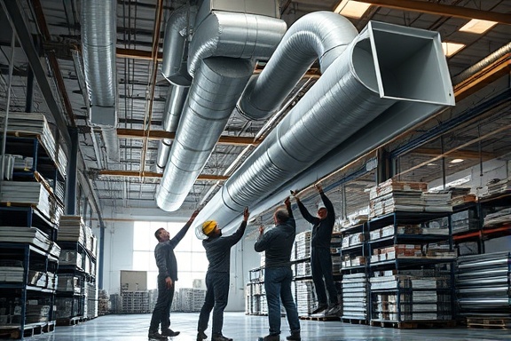 dynamic hvac setup, collaborative team, lifting and positioning large ducts, photorealistic, spacious warehouse with stacks of equipment, highly detailed, interplay of light and shadow, balanced composition, muted industrial palette, workspace lamp lighting, shot with an ultra-wide lens.