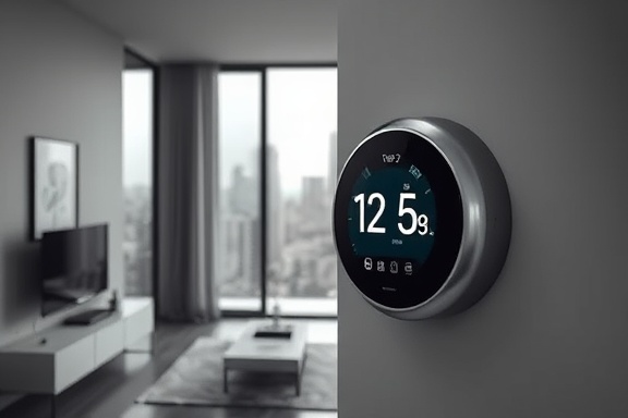 modern thermostat technology, futuristic expression, optimizing home heating, photorealistic, minimalist apartment interior with a view of the city skyline, highly detailed, animated display showing temperature graphs, ultra-high definition, monochrome colors, soft ambient lighting, shot with a 35mm lens.