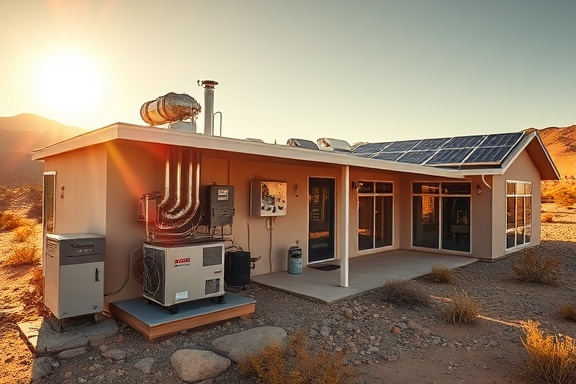 high-tech hvac equipment, advanced, self-regulating, photorealistic, solar-powered home in a desert setting, highly detailed, solar arrays in view, golden sunlight, dynamic shadows, shot with a 85mm lens.