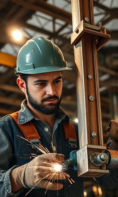 repair man, determined, welding a metal beam, photorealistic, construction site with steel frames, highly detailed, welding sparks effects, f/1.8, warm tones, spotlight lighting, shot with a 35mm lens.