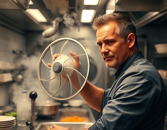 advanced air filter, determined, operating in a busy kitchen, photorealistic, culinary setting with visible steam and cooking aroma, highly detailed, whirling cleaning mechanism, ISO 320, warm colors, under-cabinet lighting, shot with a 24mm lens.