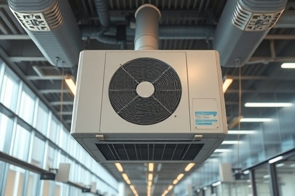 reliable HVAC system, reassuring expression, consistently maintaining room temperature, photorealistic, situated in a bustling office building, highly detailed, energy-efficient workings subtly visible, ultra-sharp clarity, neutral grey hues, warm overhead lighting, shot with a wide-angle lens.