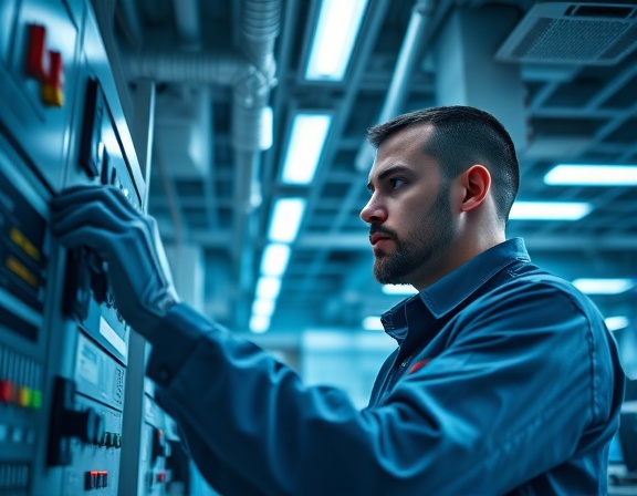 skilled hvac technician, focused demeanor, inspecting hvac controls, photorealistic, inside a modern office building, highly detailed, computer screens glowing, 8K resolution, cool blue and gray palette, bright overhead lights, shot with a 28mm lens.