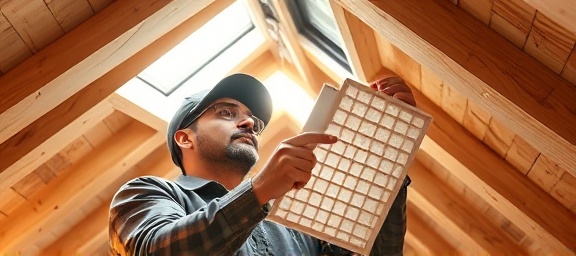 expert hvac technician, examining, replacing hvac filters, photorealistic, residential attic with exposed beams, highly detailed, dust particles visible in sunbeam, ISO 200, soft beige hues, diffused softbox light, shot with a 35mm lens.