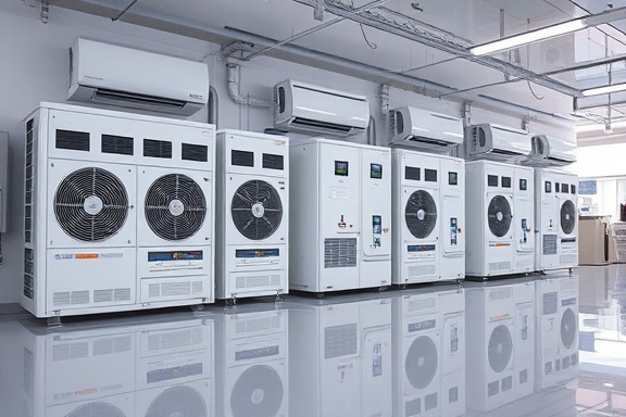 state-of-the-art hvac units, sleek design, humming softly, photorealistic, modern showroom with glossy floors, highly detailed, reflections on stainless steel surfaces, ultra-high-definition, crisp whites and metallics, ambient neon lighting, shot with a 24mm prime lens.
