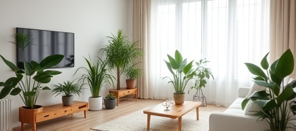 innovative air filter, optimistic, purifying a room, photorealistic, contemporary living room with plants, highly detailed, swirling clean air effect, 1/60s shutter speed, natural light, bright and airy, shot with a wide-angle lens.