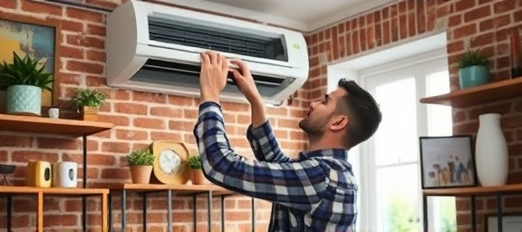 experienced hvac maintenance, skillful, replacing filters, photorealistic, cozy apartment with brick walls, highly detailed, decor items on shelves, warm white lighting, shot with a 35mm lens.