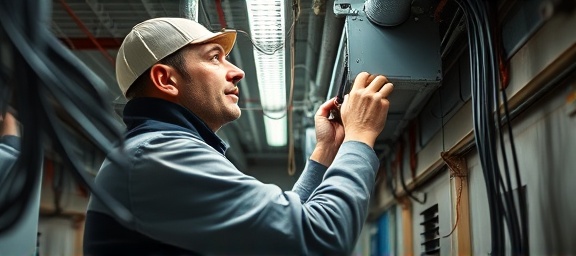 diligent hvac technician, inspecting, maintaining hvac system, photorealistic, commercial office basement with organized cables, highly detailed, faint hum of electrical equipment, f/4 aperture, industrial tones, fluorescent ceiling lights, shot with a 28mm lens.