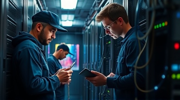 repair team, collaborative, troubleshooting a server room malfunction, photorealistic, high-tech server farm with blinking LEDs, highly detailed, cable tangling visuals, f/2.0, soft colors, fluorescent lighting, shot with a 50mm macro lens.