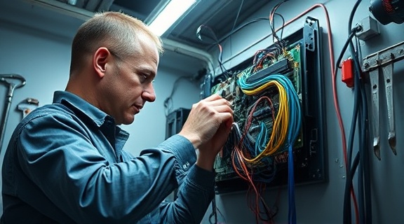 reliable hvac repair, expertise, fixing circuit board, photorealistic, workshop with tool racks, highly detailed, wires meticulously organized, monochrome with blue accent, fluorescent light, shot with a 50mm lens.