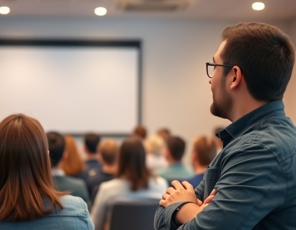helpful hvac technician, confident, providing training, photorealistic, seminar room with projection screen, highly detailed, engaged audience, pastel background, soft indoor lighting, shot with a 50mm lens.