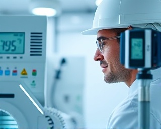 seasoned hvac technician, precise, calibrating hvac sensors, photorealistic, laboratory setting with analytical instruments, highly detailed, digital readouts fluctuating, ISO 600, sterile white and blue tones, controlled bi-color spotlights, shot with a 60mm macro lens.