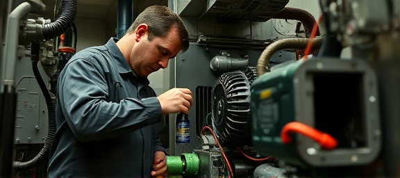 diligent hvac maintenance, meticulous, lubricating moving parts, photorealistic, mechanical room with loud machinery, highly detailed, oil spills, muted tones, dim artificial lighting, shot with a 35mm lens.