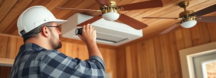 precise hvac installation, experienced engineer, tuning thermostats, photorealistic, cozy home interior with wooden paneling, highly detailed, shadows of rotating ceiling fans, finely textured, soft earth tones, diffused natural lighting, shot with a 50mm lens.