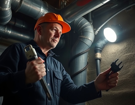 critical hvac repair, concerned engineer, wielding tools, photorealistic, dimly lit basement with pipes, highly detailed, steam rising from ducts, HDR, deep shadows, harsh spotlight, shot with a 50mm macro lens.