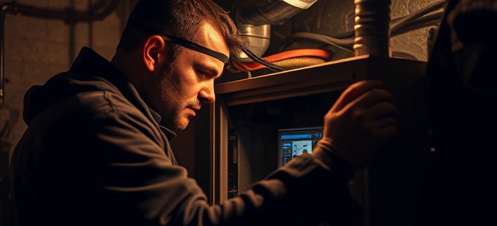 thorough hvac technician, intense look, servicing a furnace, photorealistic, in a dimly lit basement, highly detailed, flickering cobwebs, Ultra HD resolution, deep sepia tones, low ambient lighting, shot with a 35mm lens.