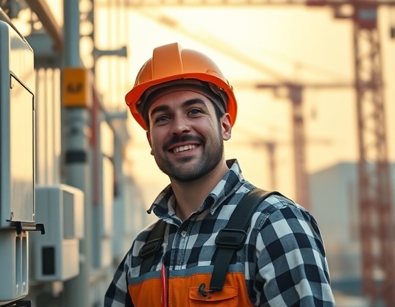 enthusiastic hvac technician, eager expression, upgrading hvac systems, photorealistic, on a bustling construction site, highly detailed, cranes in motion, 8K resolution, earthy orange undertones, mid-morning sunlight, shot with a 20mm lens.