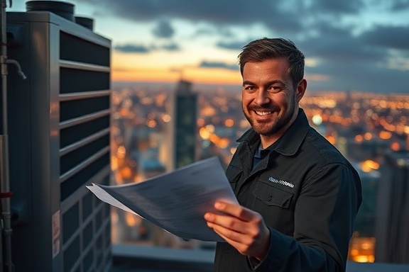 HVAC excellence in service, proud expression, expertly assessing system performance, photorealistic, on the rooftop of a skyscraper with a cityscape view, highly detailed, wind subtly affecting loose papers, defined texture, vibrant city lights, dynamic evening lighting, shot with a telephoto lens.