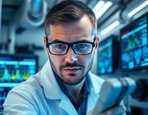 innovative hvac technology expert, analytical expression, testing new sensors, photorealistic, a laboratory with futuristic equipment, highly detailed, data streams on screens, holographic displays, sleek silvers and blues, bright LED lighting, shot with a 100mm macro lens.