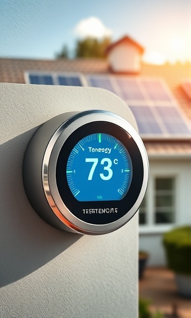 advanced thermostat energy, eco-friendly expression, conserving power usage, photorealistic, energy-efficient home with solar panels on the rooftop, highly detailed, indicator lights showing power savings, high-definition clarity, earthy green and blue hues, sunlight streaming in, shot with an 85mm lens.