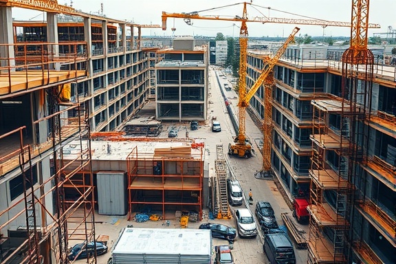 busy hvac installation, methodical, laying out plans, photorealistic, commercial complex with construction ongoing, highly detailed, cranes and scaffolding, earthy colors, strong cross lighting, shot with a 24mm lens.