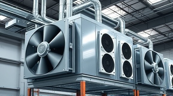 complex hvac units, sophisticated, ventilating, photorealistic, in an industrial warehouse with large fans, highly detailed, ventilation effects, sharp resolution, metallic silver, harsh lighting, shot with a 40mm lens.