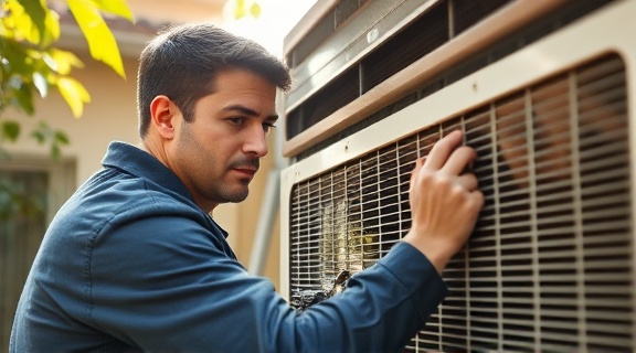 experienced hvac technician, concentrated gaze, repairing an air conditioner, photorealistic, in a sunlit residential backyard, highly detailed, gentle breeze rustling leaves, 4K resolution, natural earth tones, warm afternoon light, shot with a 50mm lens.