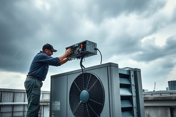 emergency HVAC repair, urgent, engineer fixing an air conditioning unit, photorealistic, on a rooftop under a cloudy sky, highly detailed, swirling winds and rain, technical details, steel and gray hues, moody dramatic lighting, shot with a 50mm lens.