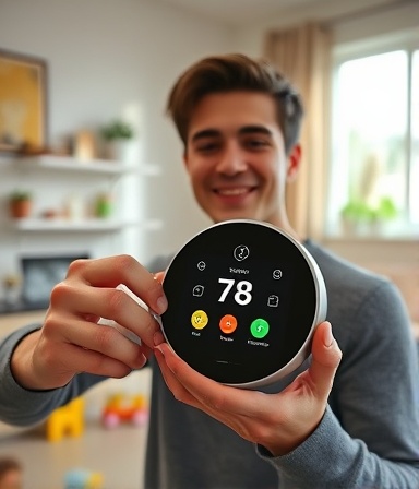 user-friendly smart thermostat, cheerful expression, setting personalized temperature preferences, photorealistic, family-friendly living room with children's toys scattered, highly detailed, colorful icons on interface, crisp definition, pastel shades, soft afternoon light, shot with a 70mm lens.