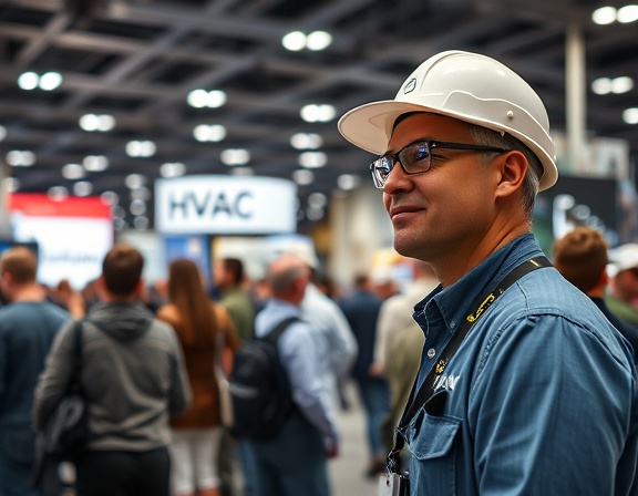 friendly hvac technician, attentive, answering questions, photorealistic, tech conference exhibition hall, highly detailed, attendees in the background, vivid colors, even diffused lighting, shot with a 50mm lens.