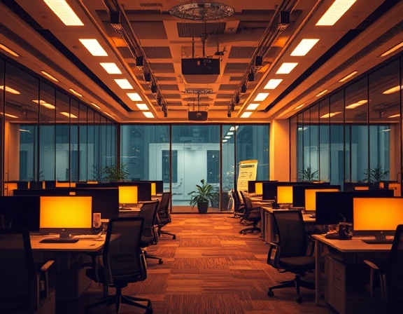 innovative energyefficient lighting, futuristic aesthetics, illuminating warmly, photorealistic, indoor office space with ergonomic furniture, highly detailed, smart sensors adjusting light, macro photography, warm golden glow, soft overhead lighting, shot with a 50mm lens