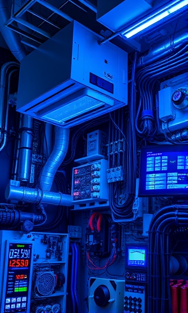 innovative hvac assembly, resourceful mechanic, integrating digital controls, photorealistic, technology lab filled with cutting-edge gadgets, highly detailed, flashing LEDs and circuit boards, ultrasharp clarity, cool blue colors, fluorescent lighting, shot with a telescopic lens.
