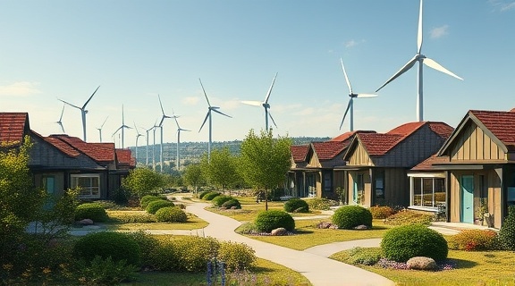 dynamic energyefficient design, eco-friendly features, integrating seamlessly, photorealistic, suburban neighborhood with lush gardens, highly detailed, wind turbines spinning in the background, 8k render, earthy and green palette, natural sunlight, shot with a 28mm lens