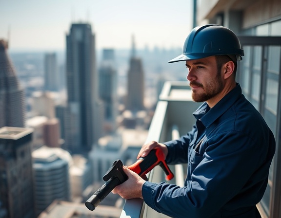 professional hvac maintenance, determined, inspecting, photorealistic, on a skyscraper terrace in an urban setting, highly detailed, tools in hand, precision sharpness, navy blue uniform, midday sun, shot with a 50mm lens.