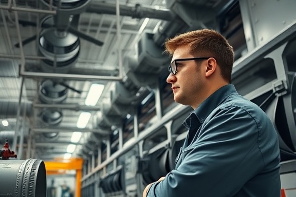 technical hvac setup, concentrated technician, evaluating airflow systems, photorealistic, industrial facility bustling with activity, highly detailed, rotating fans and open schematics, precision capture, neutral colors, high contrast lighting, shot with a prime lens.