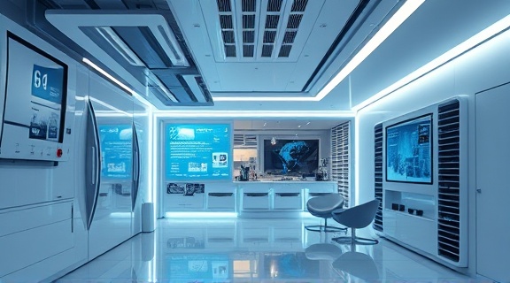 sleek hvac equipment, innovative, seamlessly integrated, photorealistic, futuristic home with smart technology, highly detailed, interactive display screens, cold hues, ambient lighting, shot with a 85mm lens.