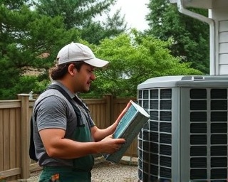 dedicated hvac technician, engaged, cleaning hvac filters, photorealistic, suburban backyard workshop, highly detailed, gentle rustle of surrounding trees, ISO 300, rich green and off-white colors, overcast natural light, shot with a 35mm lens.