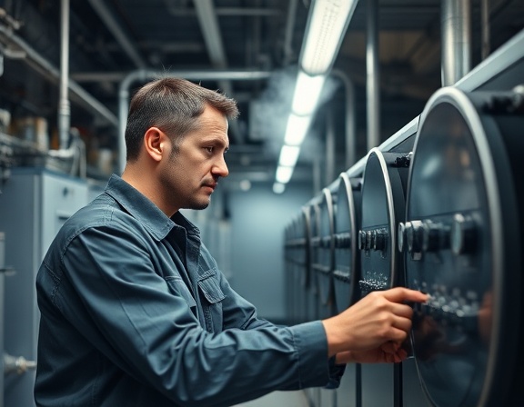 experienced hvac technician, attentive, adjusting hvac controls, photorealistic, modern boiler room with rows of machinery, highly detailed, subtle steam emission, ISO 400, muted metallic colors, overhead LED lighting, shot with a 50mm prime lens.