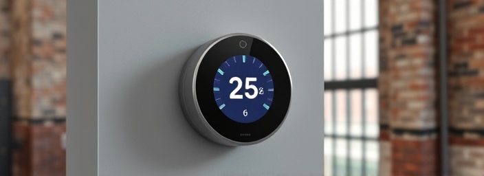 compact thermostat device, sleek expression, displaying current weather status, photorealistic, urban loft apartment with exposed brick walls and large glass windows, highly detailed, dynamic digital display, sharp resolution, neutral gray tones, bright daylight illumination, shot with a 50mm lens.