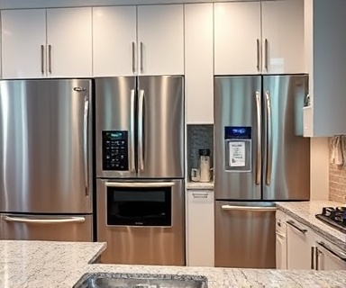 smart energyefficient appliances, cutting-edge technology, operating silently, photorealistic, modern kitchen setting with granite countertops, highly detailed, digital touchscreens blinking, ultra HD, metallic and white finish, ambient lighting, shot with a 35mm lens