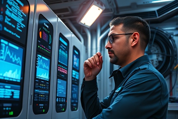 innovative hvac technician, pondering, upgrading hvac panel, photorealistic, futuristic facility with digital screens, highly detailed, flickering monitors displaying data, ISO 800, vibrant tech colors, ambient LED lighting, shot with a 24mm wide-angle lens.
