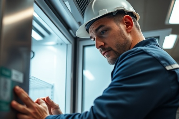 careful hvac technician, analytical look, diagnosing a refrigeration unit, photorealistic, in a commercial kitchen, highly detailed, slight perspiration, HD quality, stainless steel reflections, sharp LED lighting, shot with a 24mm lens.