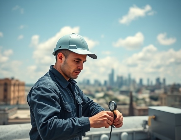 competent hvac technician, determined expression, checking gauges, photorealistic, on a rooftop with urban skyline in background, highly detailed, clouds and wind as dynamic elements, iso 100 for clarity, morning cool tones, natural sunlight, shot with a 35mm lens.