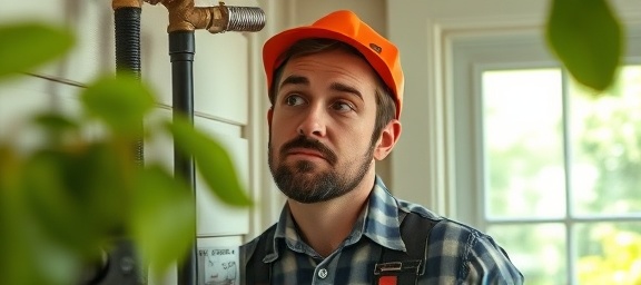 attentive hvac technician, thoughtful visage, checking gas lines, photorealistic, in a small rural house, highly detailed, gentle rustling of leaves outside, 8K quality, soft green tones, natural sunlight, shot with a 35mm lens.