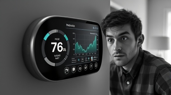 interactive thermostat interface, curious expression, accessing historical data, photorealistic, smart home setting with networked devices, highly detailed, scrolling interface with charts and stats, ultra-clear precision, grayscale colors, soft spot lighting, shot with a 30mm lens.