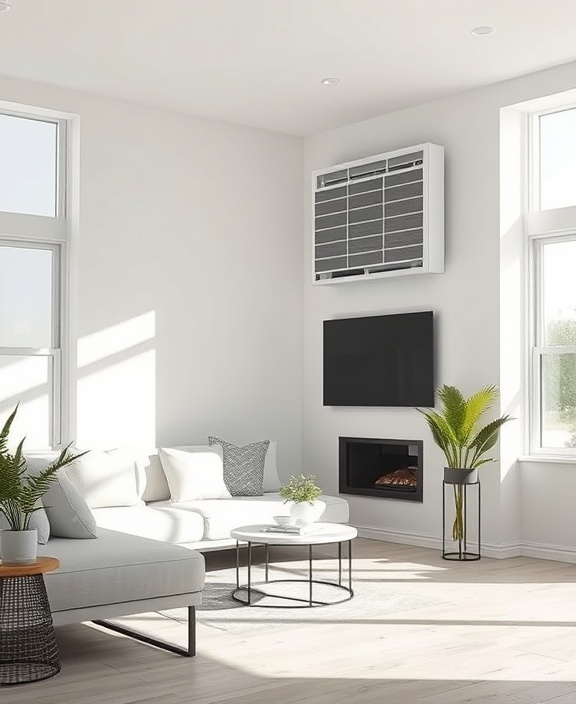 superior HVAC quality products, sleek design, circulating fresh air flawlessly, photorealistic, in a minimalist home living room, highly detailed, sunlight streaming through windows, crystal-clear image, soft white and grey palette, natural daylight, shot with a macro lens.
