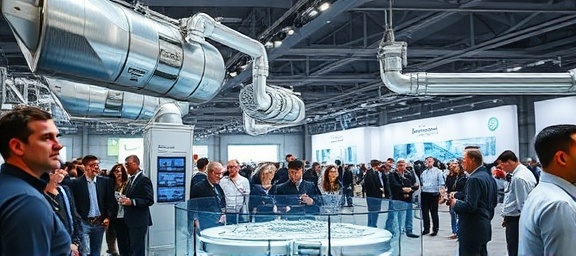 cutting-edge HVAC technology, futuristic, engineers demonstrating function, photorealistic, in a modern exhibition hall, highly detailed, crowds observing and taking notes, technical details, silver and white shades, bright spotlighting, shot with a 28mm lens.