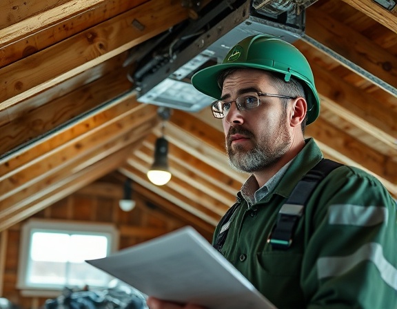 expert hvac maintenance, concentrated expression, inspecting, photorealistic, suburban house attic with insulation visible, highly detailed, scattered parts and checklists, 4k resolution, green, soft indoor lighting, shot with a 50mm prime lens.