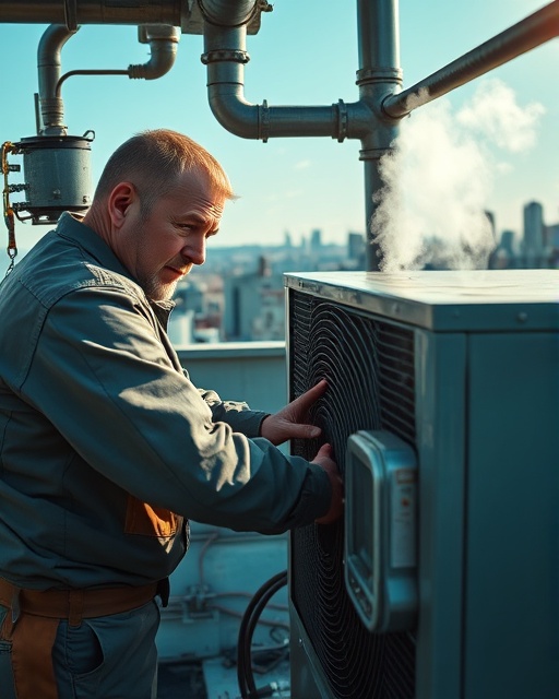 experienced hvac repairman, concentrated expression, fixing a condenser coil, photorealistic, a rooftop setting with cityscape in the distance, highly detailed, steam wafting from vents, intricate piping, muted turquoise and steel grey, natural sunlight with lens flare, shot with an 85mm lens.