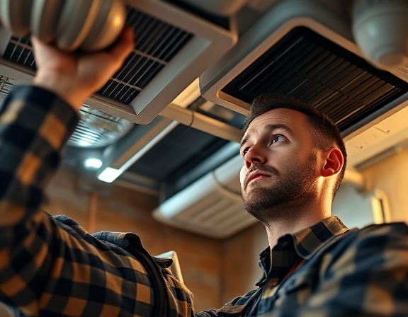 experienced hvac repair, concentrated expression, inspecting ductwork, photorealistic, residential utility room with visible air vents, highly detailed, movement of air through ducts, f/5.6 aperture, warm and natural colors, soft artificial lighting, shot with an 85mm lens.